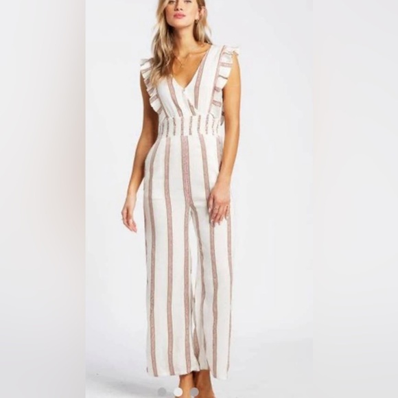 Billabong Pants - BILLABONG Coming Home Ruffle Smocked Linen Blend Jumpsuit size M
